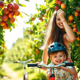 A joyful mom with a bright smile, picking ripe fruits from a tree in a sunny orchard