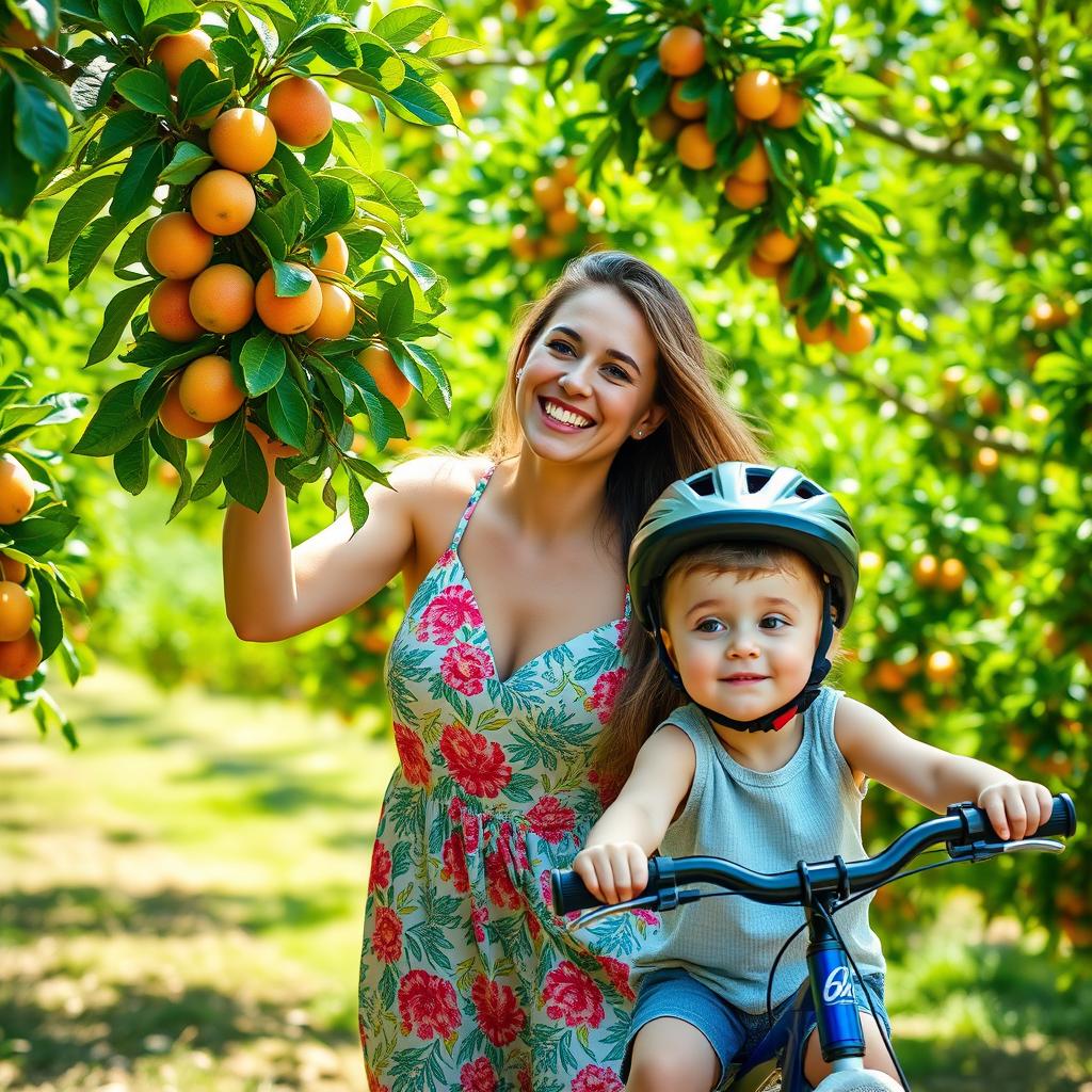 A joyful mom with a bright smile, picking ripe fruits from a tree in a sunny orchard