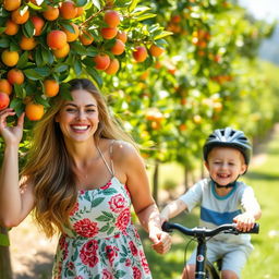 A joyful mom with a bright smile, picking ripe fruits from a tree in a sunny orchard