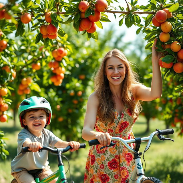 A joyful mom with a bright smile, picking ripe fruits from a tree in a sunny orchard