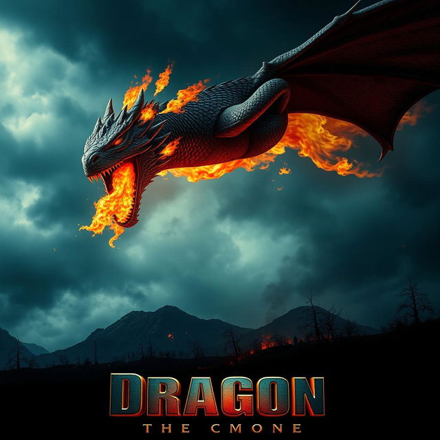 A dramatic movie poster featuring a fearsome fire-breathing dragon soaring through a dark, stormy sky