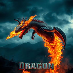 A dramatic movie poster featuring a fearsome fire-breathing dragon soaring through a dark, stormy sky