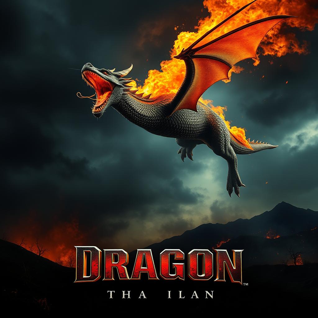 A dramatic movie poster featuring a fearsome fire-breathing dragon soaring through a dark, stormy sky