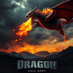 A dramatic movie poster featuring a fearsome fire-breathing dragon soaring through a dark, stormy sky