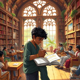 A vibrant scene of a young artist named Ravi, deeply focused on drawing a beautiful library filled with countless books and ornate shelves