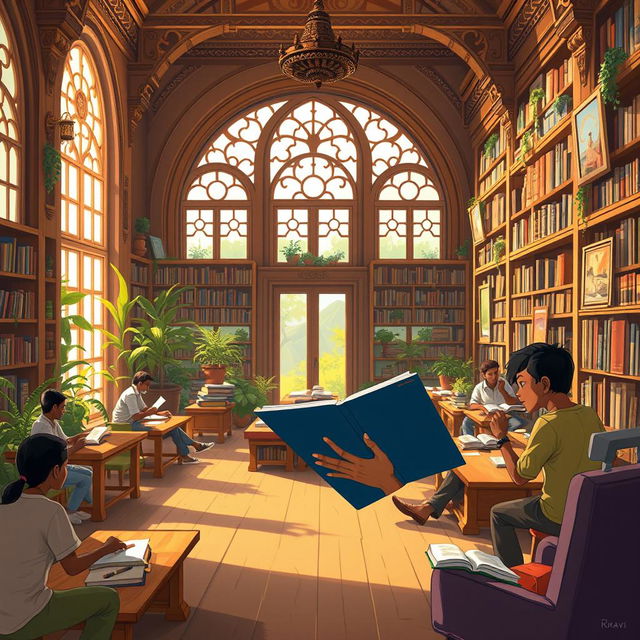 A vibrant scene of a young artist named Ravi, deeply focused on drawing a beautiful library filled with countless books and ornate shelves