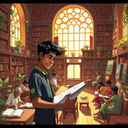 A vibrant scene of a young artist named Ravi, deeply focused on drawing a beautiful library filled with countless books and ornate shelves