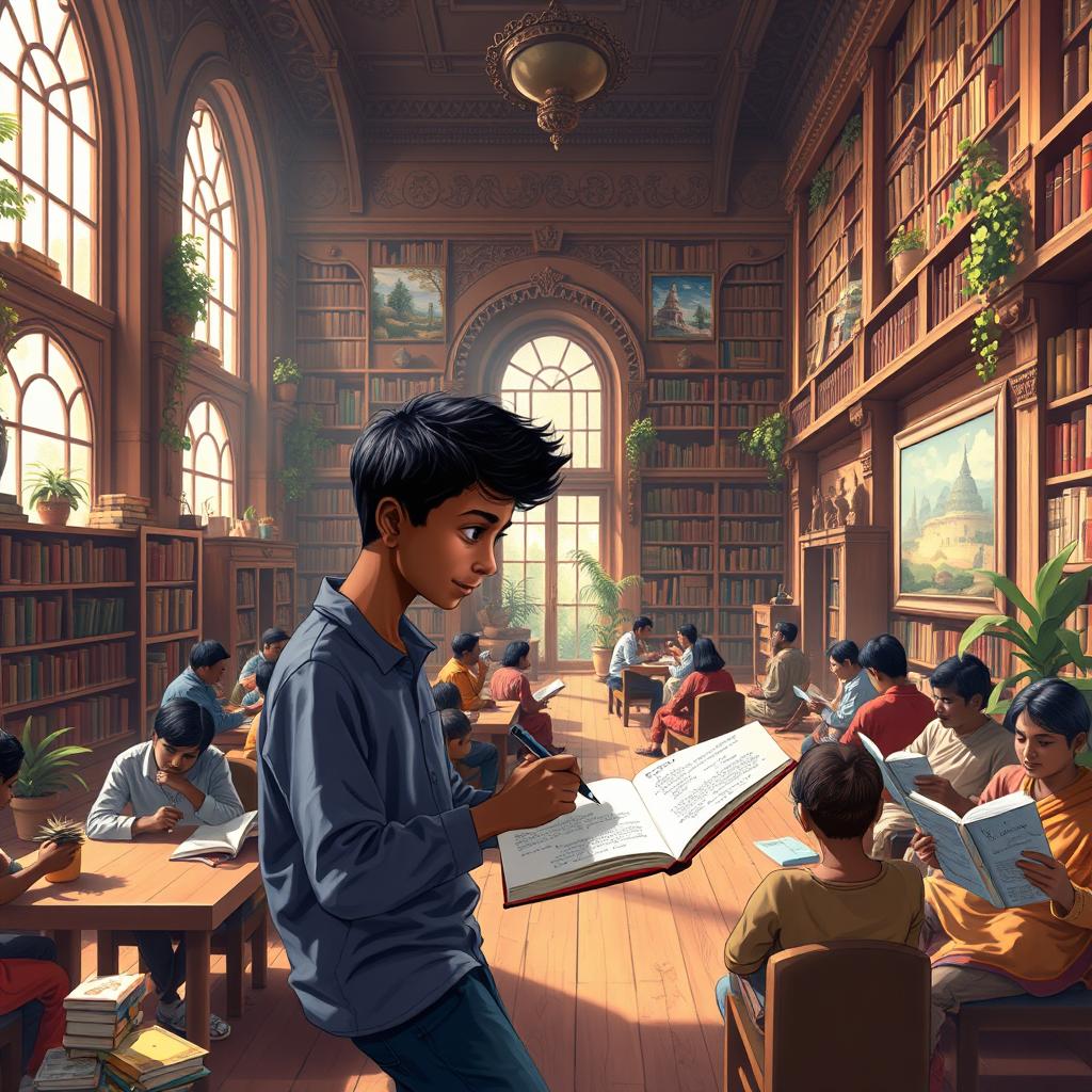 A vibrant scene of a young artist named Ravi, deeply focused on drawing a beautiful library filled with countless books and ornate shelves