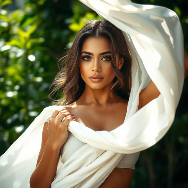 A stunning and confident woman posing in a natural setting, artfully framed with flowing fabric partially draped around her, emphasizing elegance and beauty, her expression serene and empowering