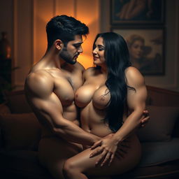 A sensual and artistic depiction of an intimate three-person scene featuring two adults and one person with black hair, highlighting the beauty of the human form