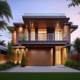 Create an image of a beautifully designed three-story building on a 30ft x 30ft plot. The design includes a right-sided garage and employs elegant, modern architecture.