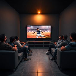 A group of Egyptian youth sitting on a comfortable gray couch, deeply engaged in playing PlayStation 5