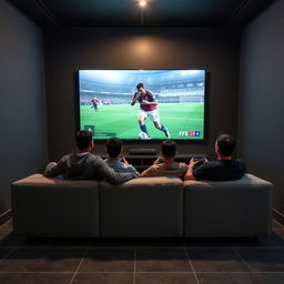 A group of Egyptian youth sitting on a comfortable gray couch, deeply engaged in playing PlayStation 5