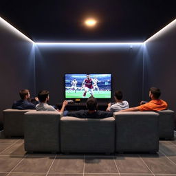 A group of Egyptian youth sitting on a comfortable gray couch, deeply engaged in playing PlayStation 5