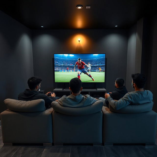 A group of Egyptian youth sitting on a comfortable gray couch, deeply engaged in playing PlayStation 5