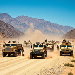 A dynamic military convoy scene featuring various military vehicles including armored trucks, tanks, and jeeps on a dirt road