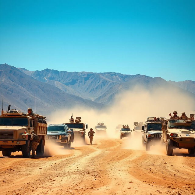 A dynamic military convoy scene featuring various military vehicles including armored trucks, tanks, and jeeps on a dirt road