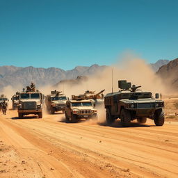 A dynamic military convoy scene featuring various military vehicles including armored trucks, tanks, and jeeps on a dirt road