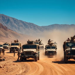 A dynamic military convoy scene featuring various military vehicles including armored trucks, tanks, and jeeps on a dirt road