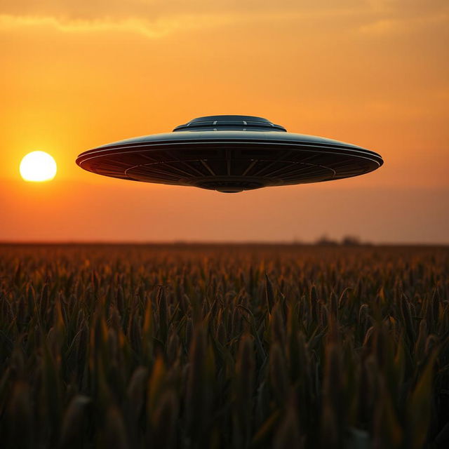 A dramatic raw photograph of a UFO hovering above a vast cornfield, with the sun setting in the background casting a golden glow over the crops