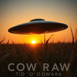 A dramatic raw photograph of a UFO hovering above a vast cornfield, with the sun setting in the background casting a golden glow over the crops