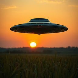 A dramatic raw photograph of a UFO hovering above a vast cornfield, with the sun setting in the background casting a golden glow over the crops