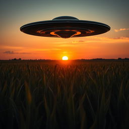 A dramatic raw photograph of a UFO hovering above a vast cornfield, with the sun setting in the background casting a golden glow over the crops