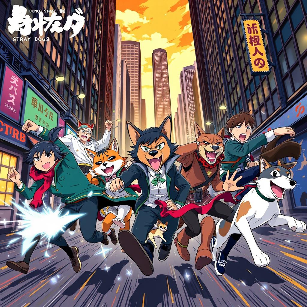 A vibrant and dynamic illustration of the characters from the anime 'Bungo Stray Dogs', featuring the main dog characters in a lively urban setting