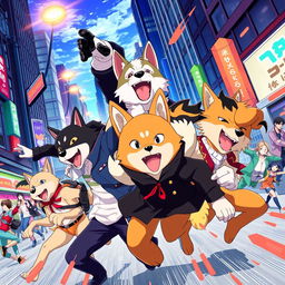 A vibrant and dynamic illustration of the characters from the anime 'Bungo Stray Dogs', featuring the main dog characters in a lively urban setting