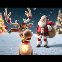 A whimsical 3D scene featuring a reindeer adorned with a colorful Christmas lamp on its body, radiating light