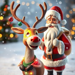 A whimsical 3D scene featuring a reindeer adorned with a colorful Christmas lamp on its body, radiating light