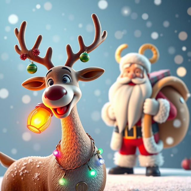 A whimsical 3D scene featuring a reindeer adorned with a colorful Christmas lamp on its body, radiating light