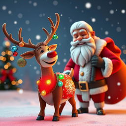 A whimsical 3D scene featuring a reindeer adorned with a colorful Christmas lamp on its body, radiating light