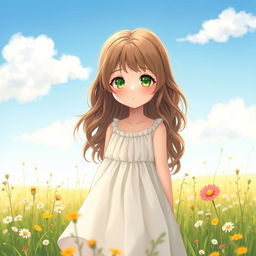 A simple yet beautiful girl with sparkling green eyes, dressed in a light, flowing dress that gently sways with the breeze