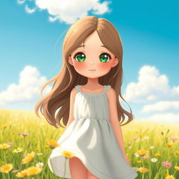 A simple yet beautiful girl with sparkling green eyes, dressed in a light, flowing dress that gently sways with the breeze