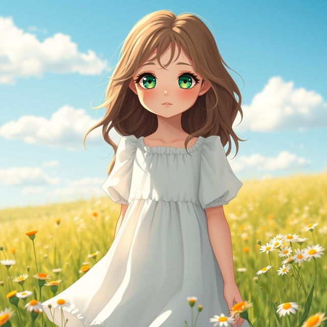 A simple yet beautiful girl with sparkling green eyes, dressed in a light, flowing dress that gently sways with the breeze