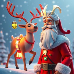 A whimsical 3D scene featuring a majestic reindeer adorned with a bright, colorful Christmas lamp on its body, illuminating the area