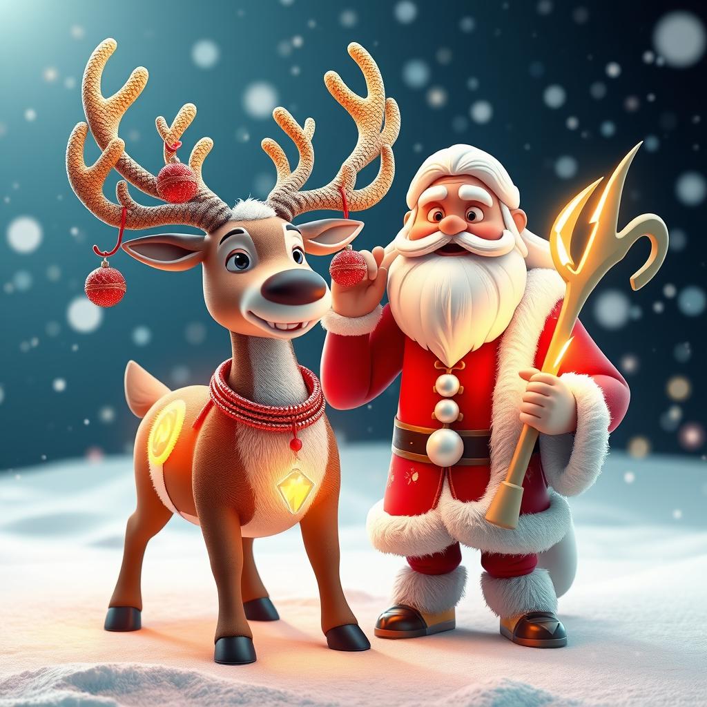 A whimsical 3D scene featuring a majestic reindeer adorned with a bright, colorful Christmas lamp on its body, illuminating the area