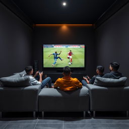 A group of Egyptian youth sitting on a stylish gray couch, fully immersed in playing PlayStation 5