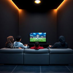 A group of Egyptian youth sitting on a stylish gray couch, fully immersed in playing PlayStation 5