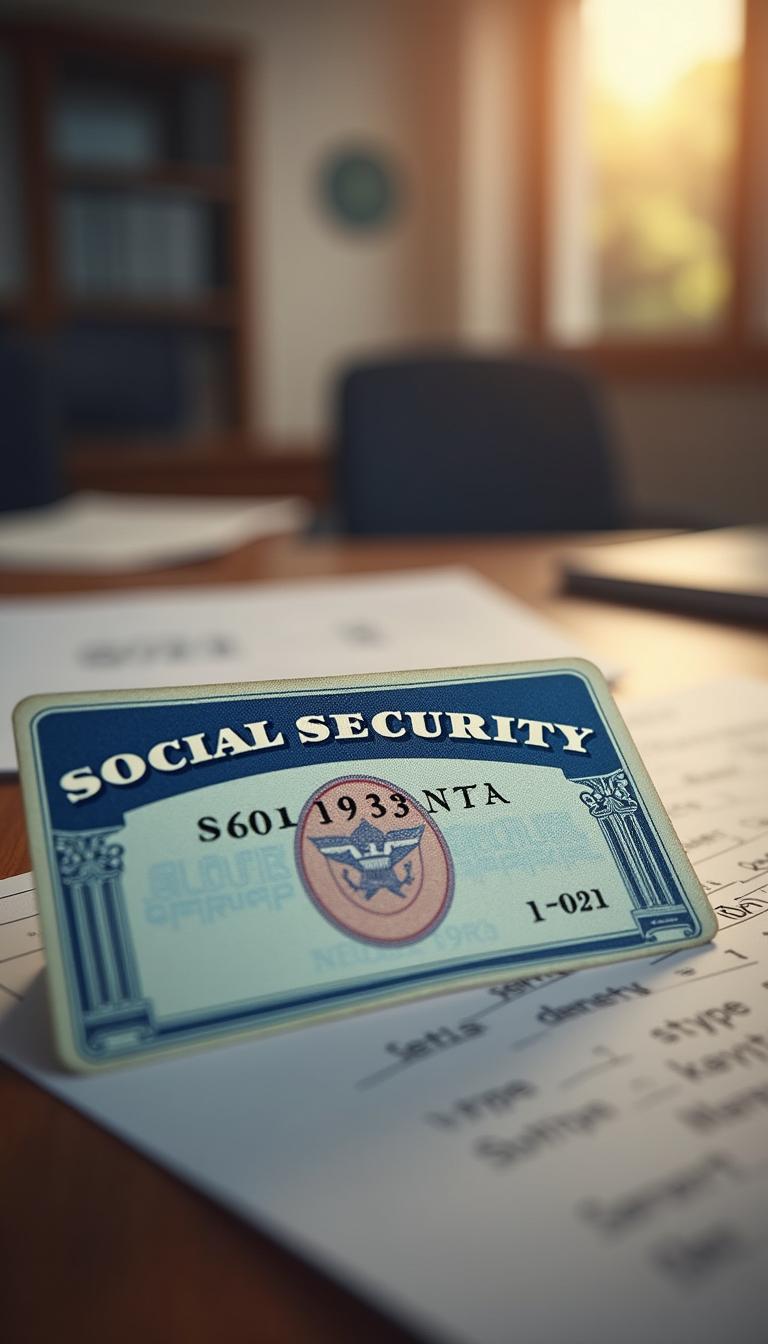 A detailed and realistic depiction of a United States Social Security card, featuring all the essential elements such as the iconic dark blue and white design