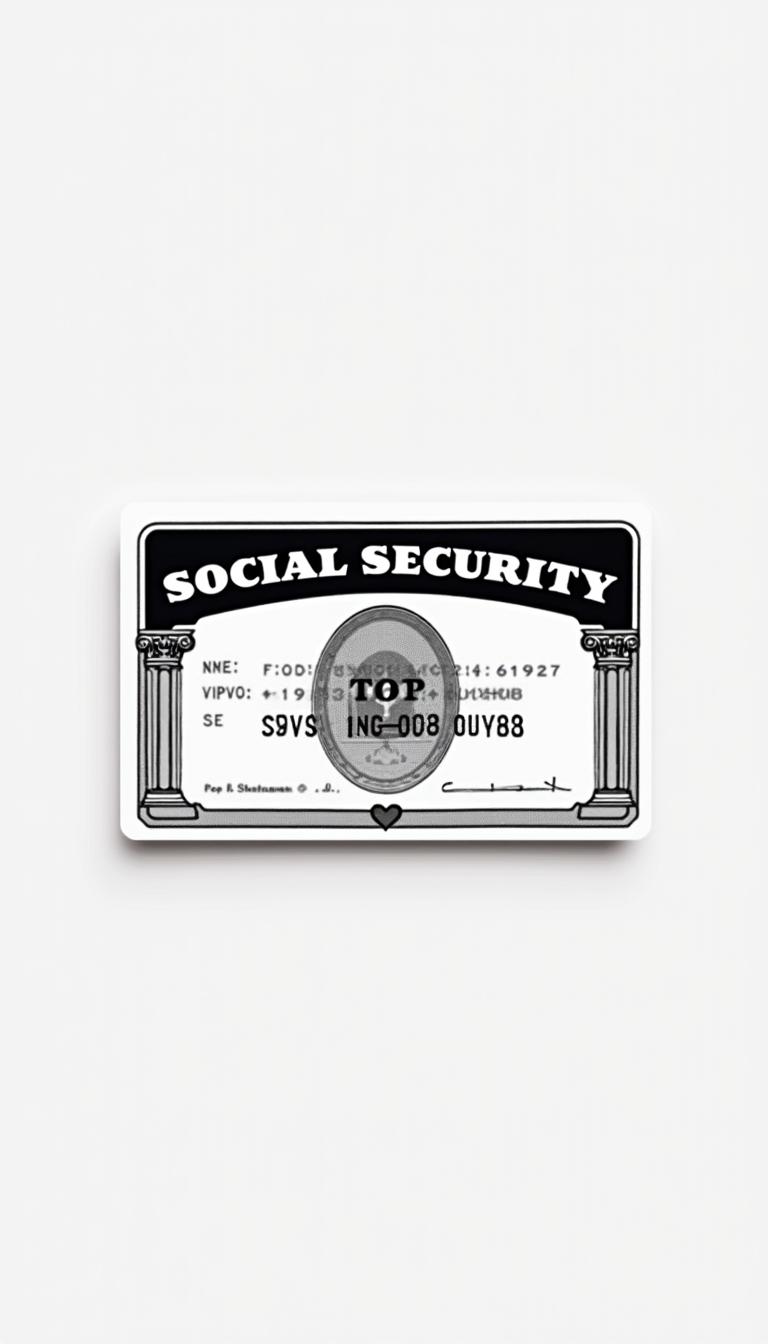 A minimalist black and white print design of a United States Social Security card, showcasing the essential elements in high contrast