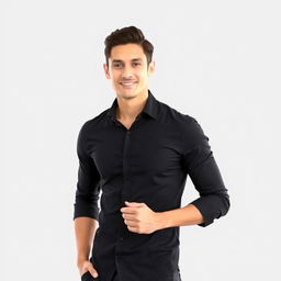 A stylish and attractive adult wearing a fitted black shirt, standing confidently with a slight smile