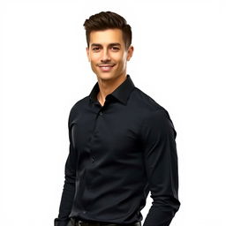 A stylish and attractive adult wearing a fitted black shirt, standing confidently with a slight smile