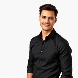 A stylish and attractive adult wearing a fitted black shirt, standing confidently with a slight smile