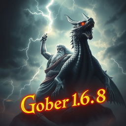 A powerful and majestic Zeus in an awe-inspiring pose, surrounded by a dark, ominous background filled with storm clouds and lightning