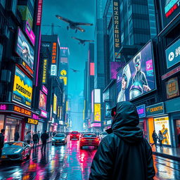 A vibrant and detailed cyberpunk cityscape at night, illuminated by neon lights and billboards
