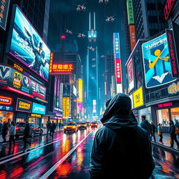 A vibrant and detailed cyberpunk cityscape at night, illuminated by neon lights and billboards