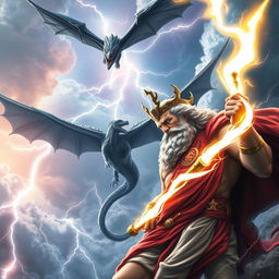 A high-definition (HD) artwork depicting a dramatic scene featuring Zeus, the Greek god of thunder, in a celestial setting