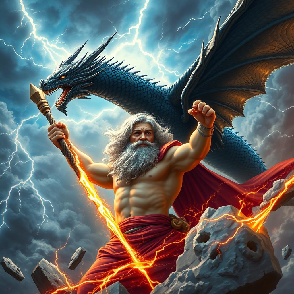 A high-definition (HD) artwork depicting a dramatic scene featuring Zeus, the Greek god of thunder, in a celestial setting